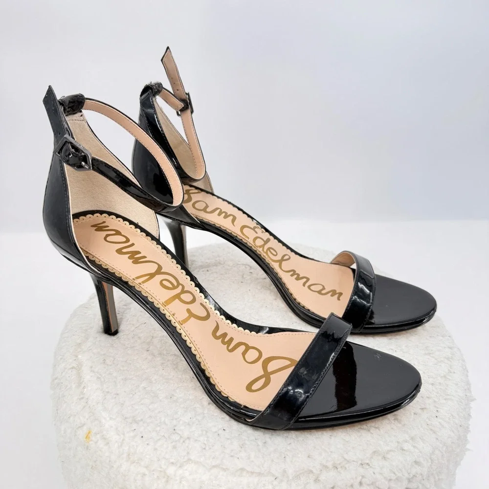 Sam Edelman Patti Heel Sandal Womens 8.5 Black Patent Stiletto Ankle Strap